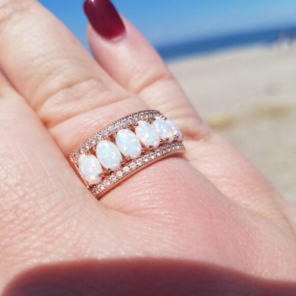 NEW 18k Rose Gold Diamond Opal Ring Band Wide Ring - Picture 3 of 4